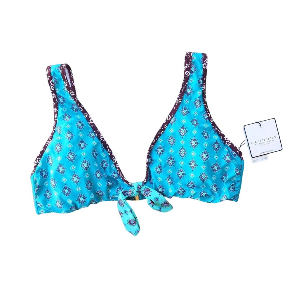 Laundry By Shelli Segal Women Teal Printed Front Tie Swim Bikini Top Size L
